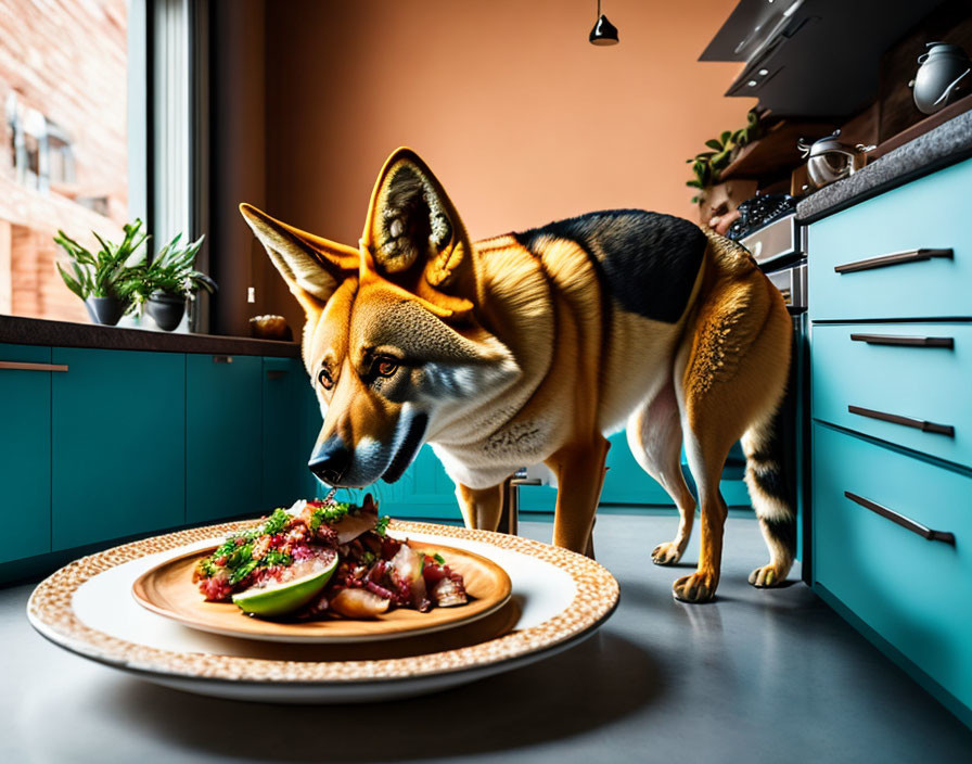 Curious Dog Looking at Gourmet Dish on Kitchen Counter