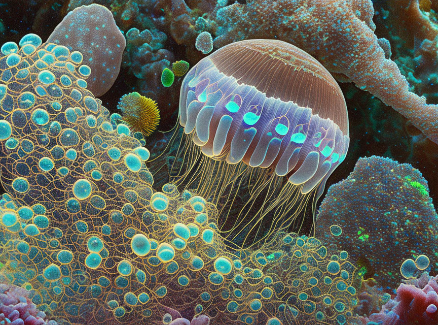 Colorful Jellyfish with Glowing Orbs and Long Tentacles Above Coral Reef