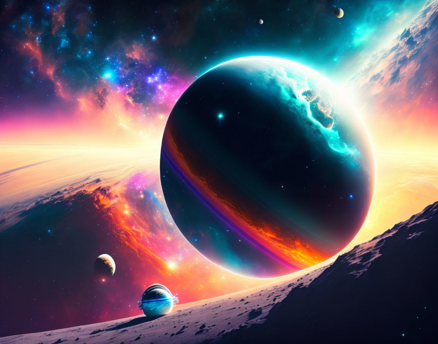 Colorful Sci-Fi Landscape with Large Planet and Nebula-Streaked Sky