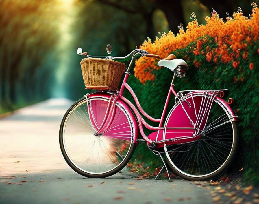 Pink bicycle with wicker basket on sunlit path surrounded by orange flowers and green foliage