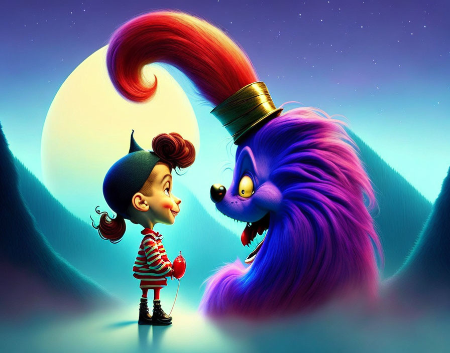 Illustration of small girl with red pinwheel & friendly purple monster under moonlit sky