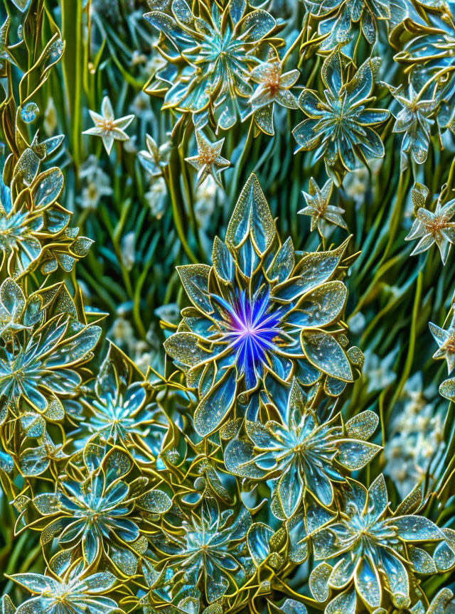 Blue and Golden Frosty Leaf Fractal Patterns with Radiant Blue Star