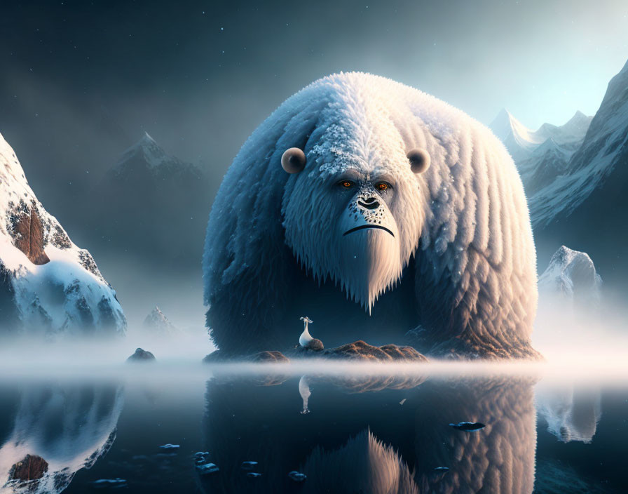 Large Snow-Covered Bear-Like Creature by Icy Lake