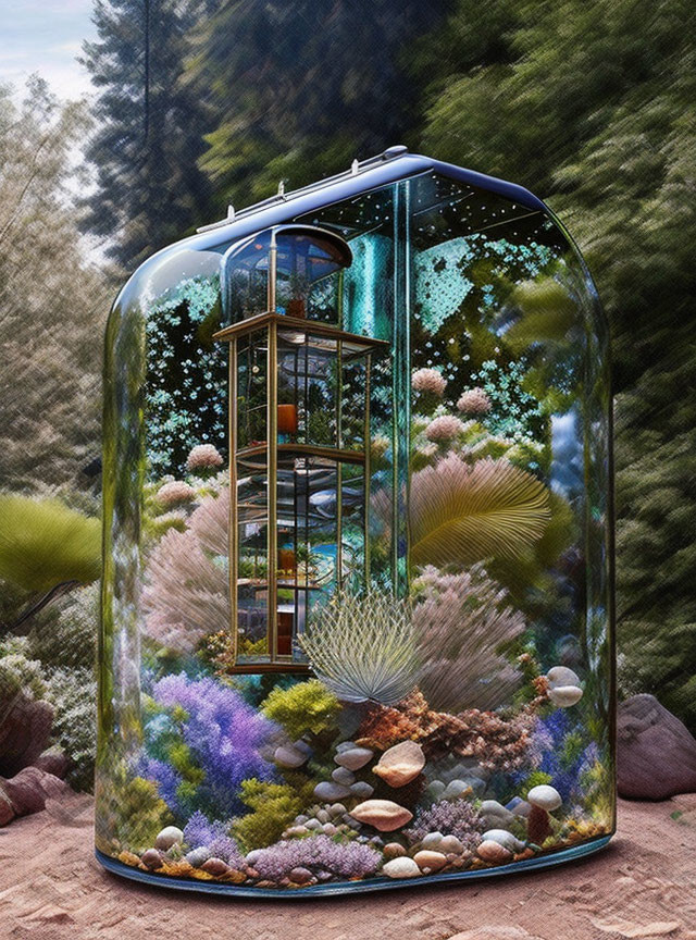 Glass elevator in underwater scene with coral reefs and forested backdrop