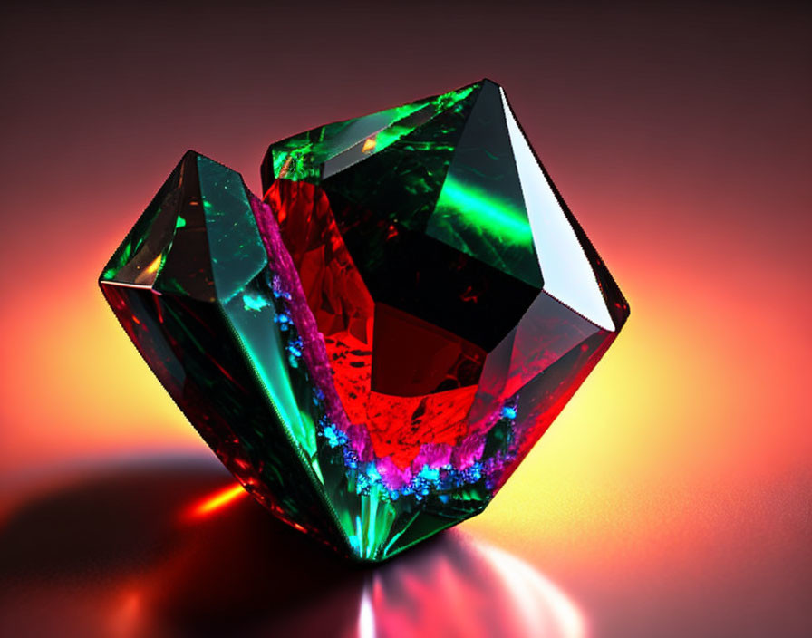 Vibrant green and red crystal on warm red background