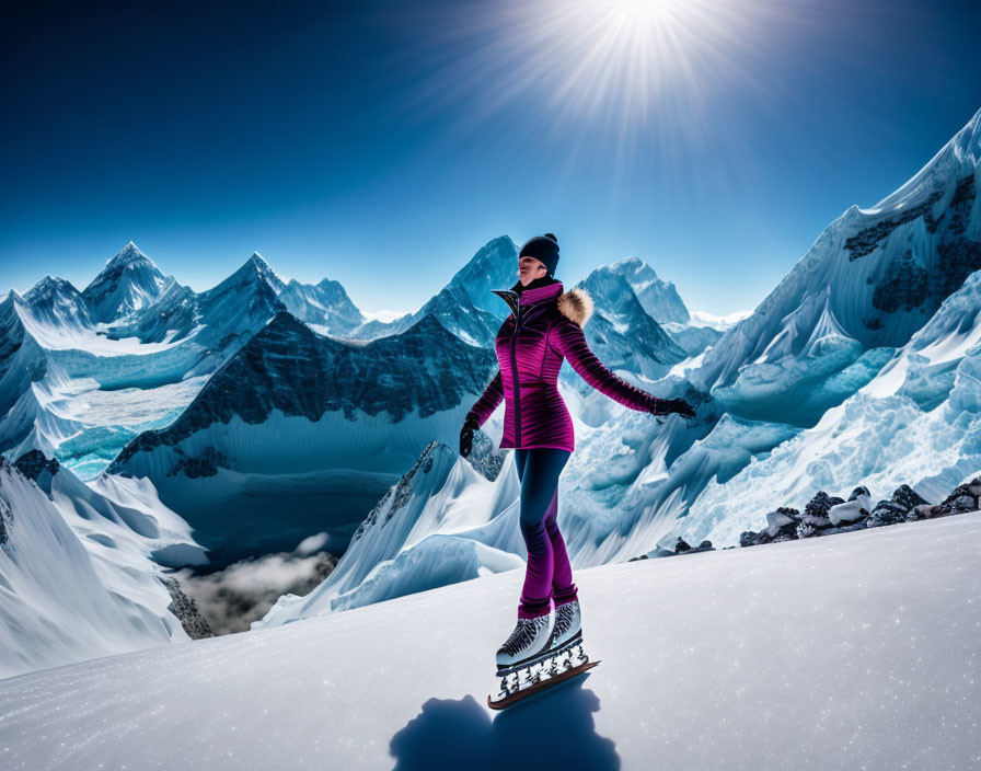 Person in winter gear on snowy ridge with mountains and sun.