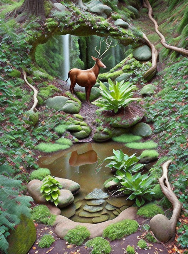 Tranquil forest landscape with deer, waterfall, and lush greenery