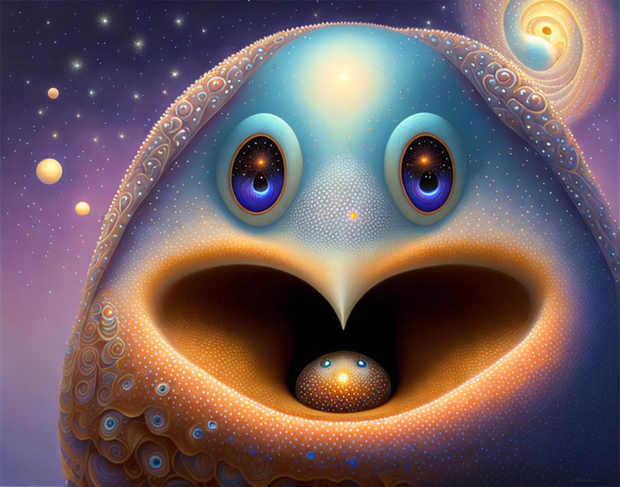 Blue creature with soulful eyes and ornate patterns against starry backdrop