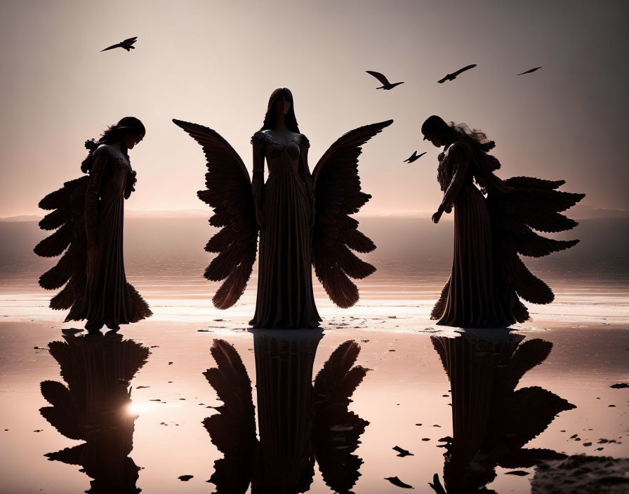 Silhouettes of Winged Figures on Reflective Surface at Sunset