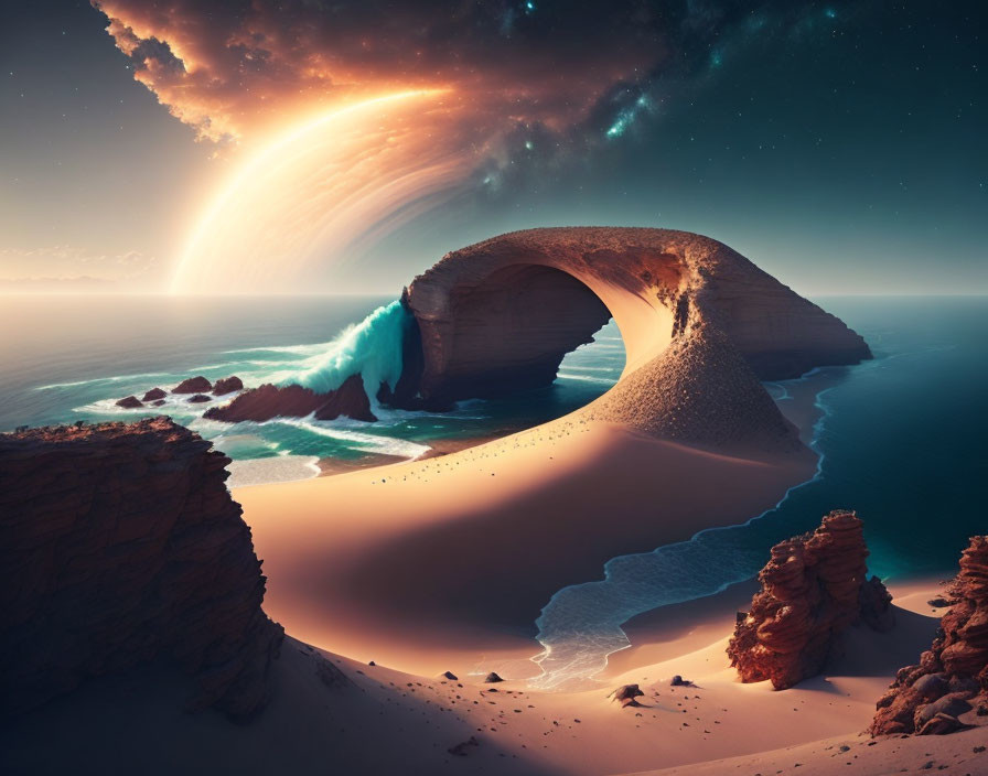 Surreal beach scene with arch rock formation, crashing waves, and glowing celestial body