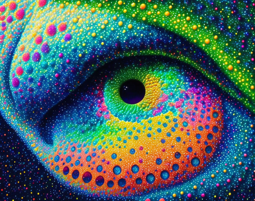 UV-painted eye with neon dots for cosmic effect