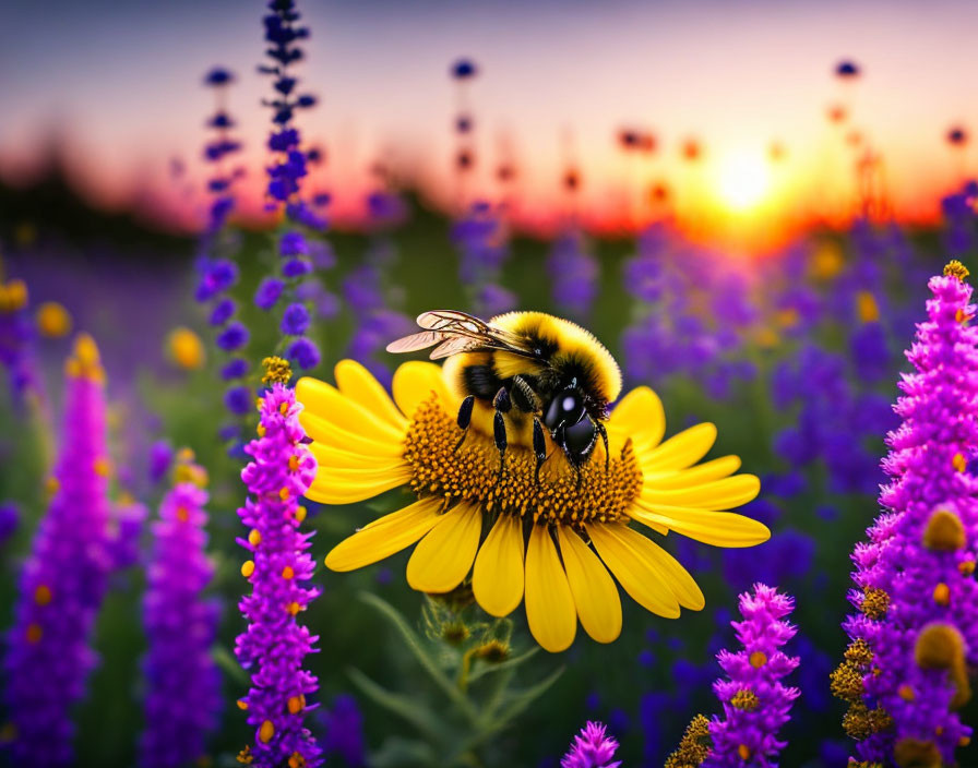 Bumblebee gathering pollen on yellow flower at sunset