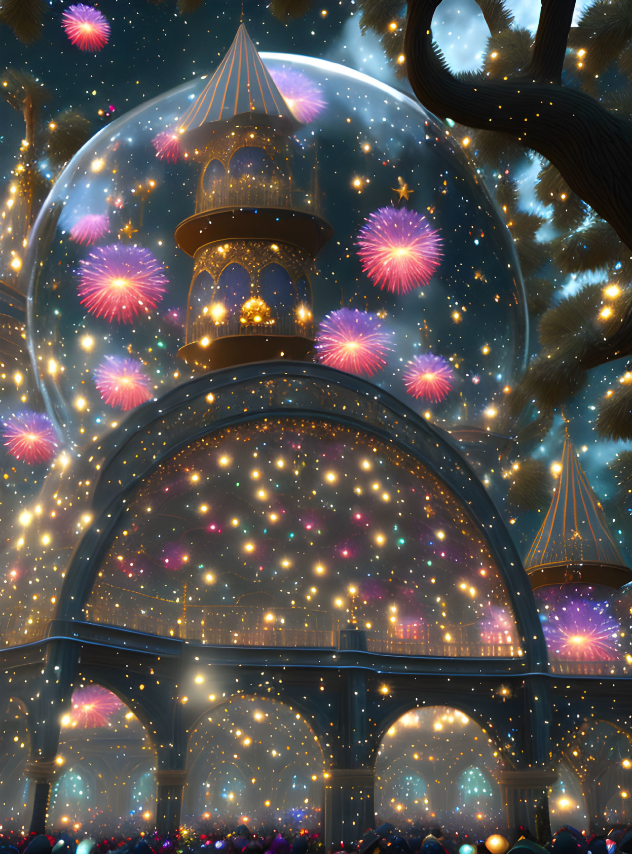 Enchanting night scene with glowing turreted structure, stars, fireworks, and ancient tree