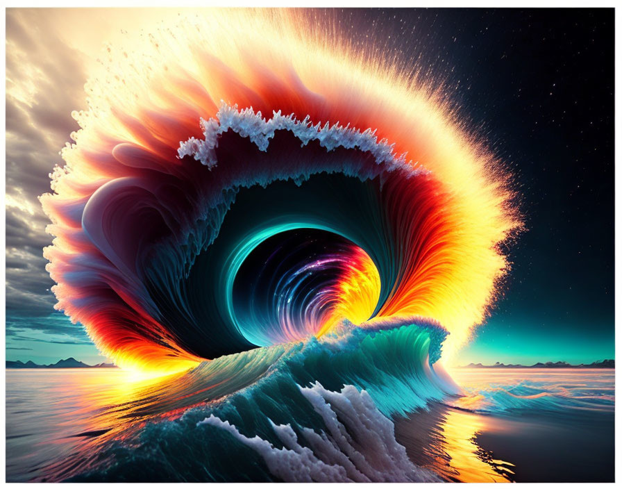 Digital art: Towering Wave with Fiery Rim in Dusk Landscape