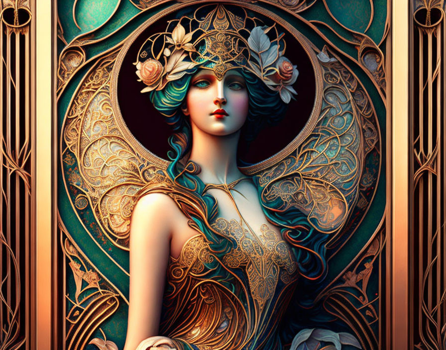 Art Nouveau-style woman with pale blue hair and floral adornments in golden ornate frame.