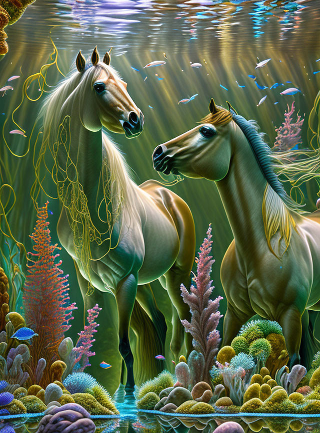 Majestic horses in underwater scene with colorful coral and fish