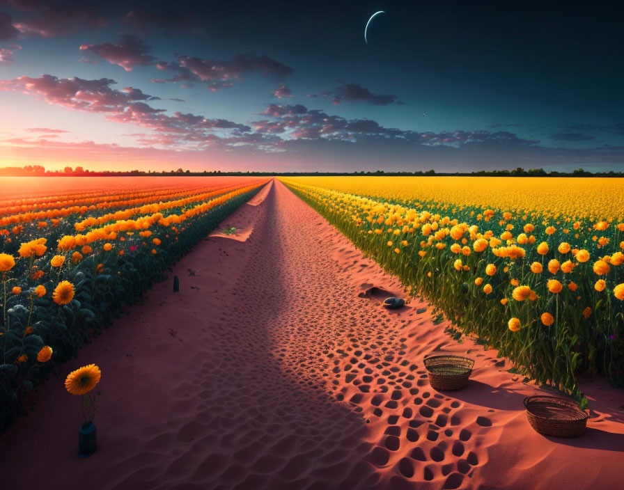 Tranquil sunset landscape with tulip fields, crescent moon, and baskets