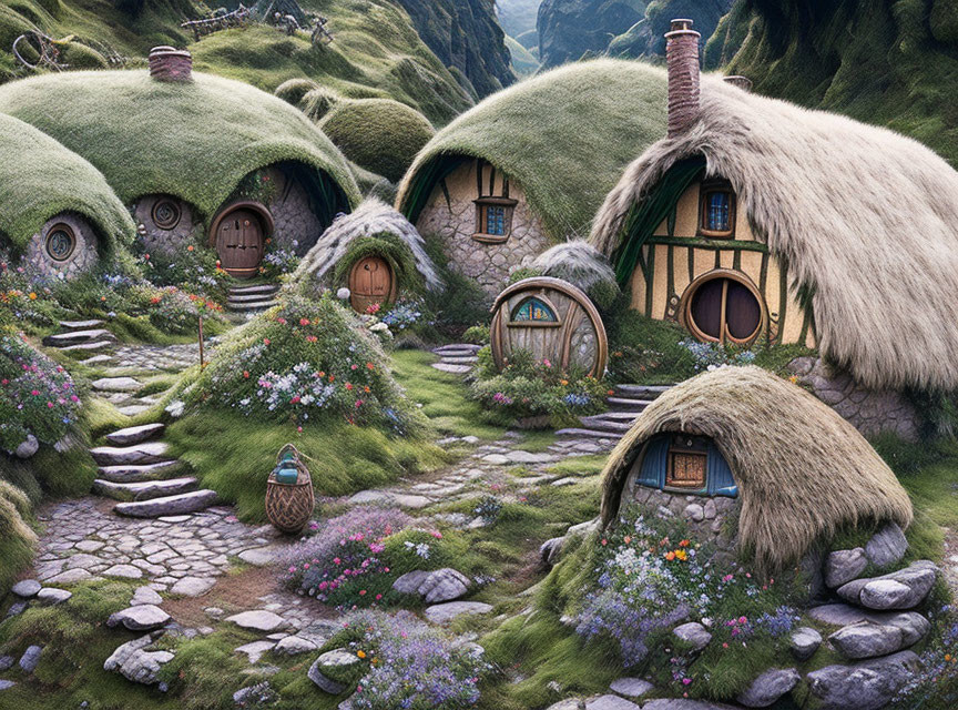 Charming hobbit-style houses in lush green hillside