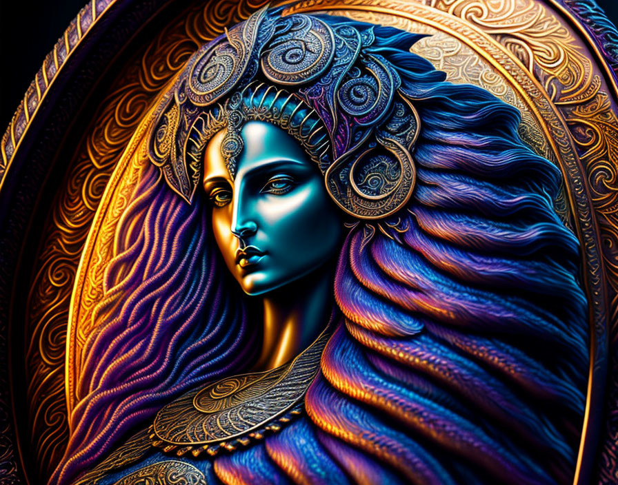 Blue-skinned female with golden headgear in ornate mandala background