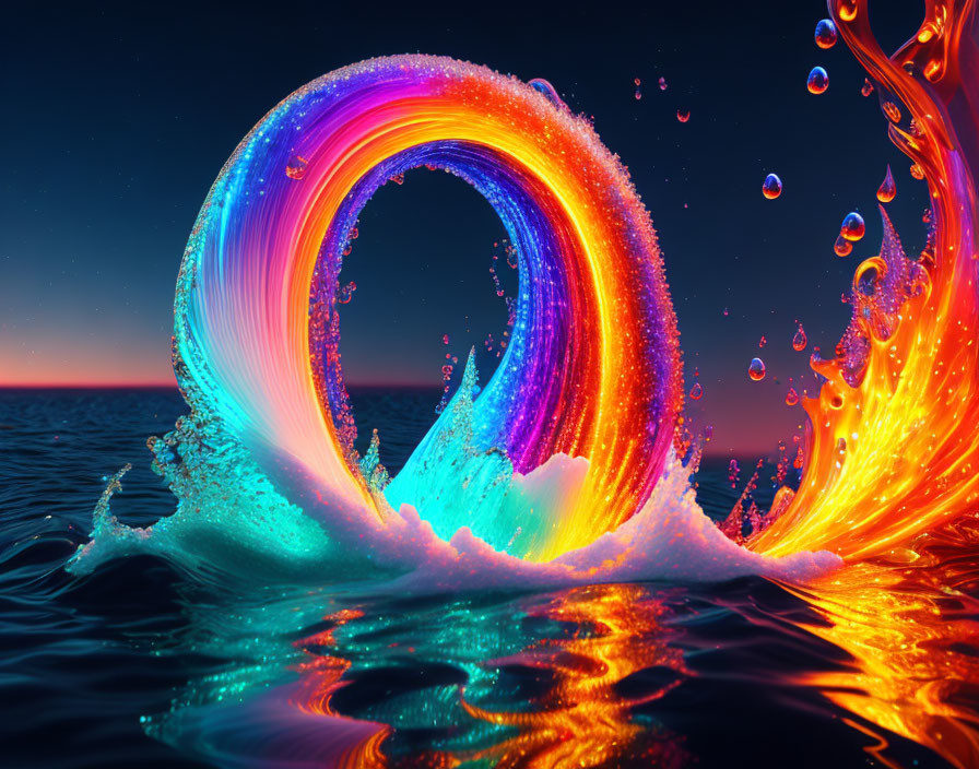 Colorful Rainbow Wave Artwork with Fiery Orange Splashes in Twilight Sky