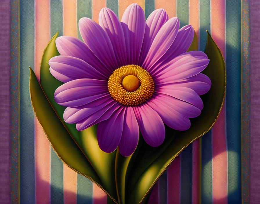 Vibrant Purple Daisy on Colorful Striped Background