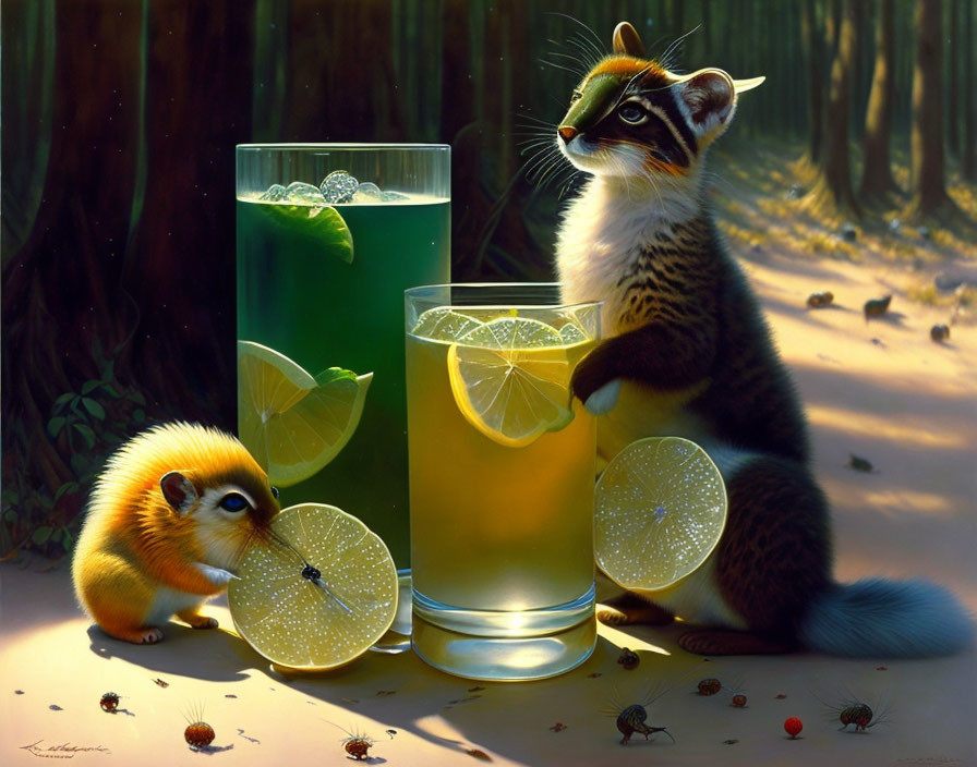 Raccoons with giant lemonade glasses in forest scene