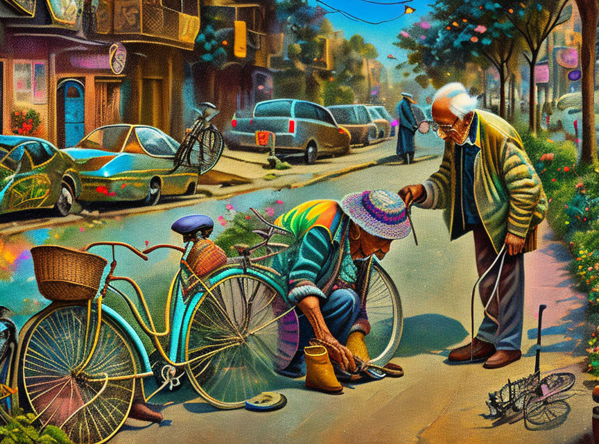 Elderly man with cane helps senior fix bicycle wheel on city street