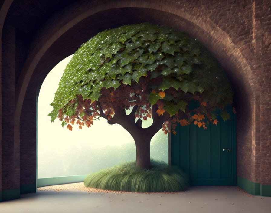 Vibrant tree with green and autumnal leaves in room with arched openings