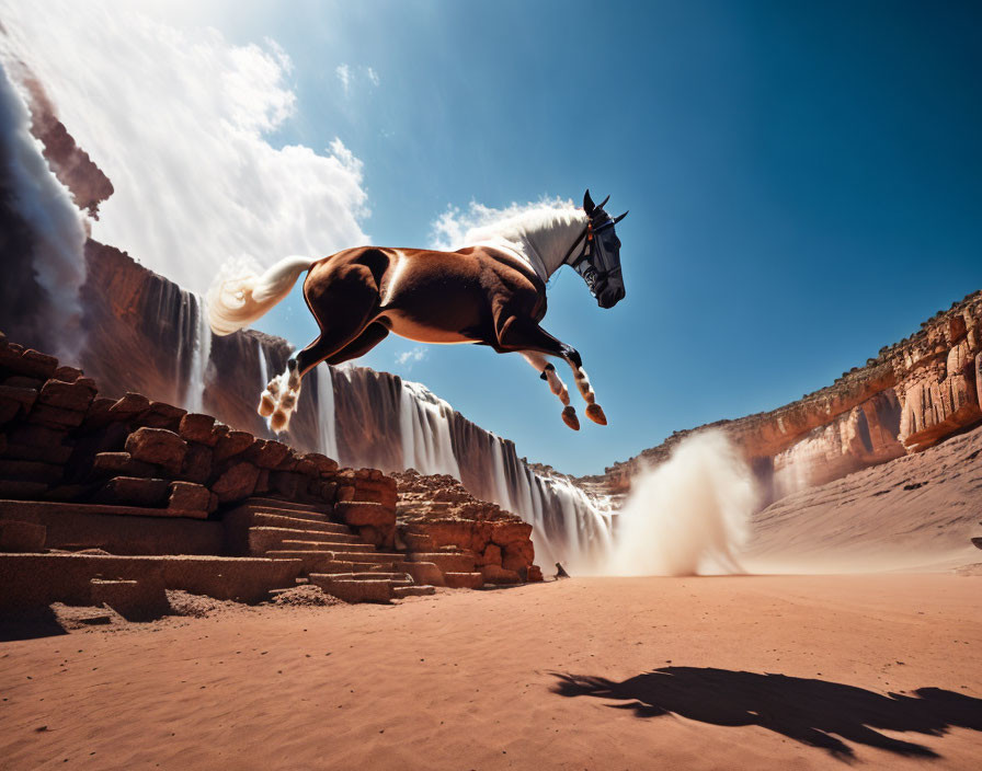 Horse leaping above desert with waterfall and cliffs in background