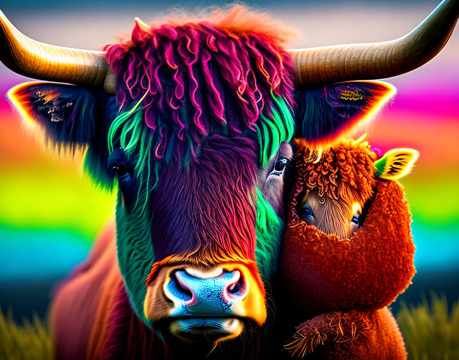 Colorful Digital Art: Stylized Highland Cow & Calf on Rainbow Background