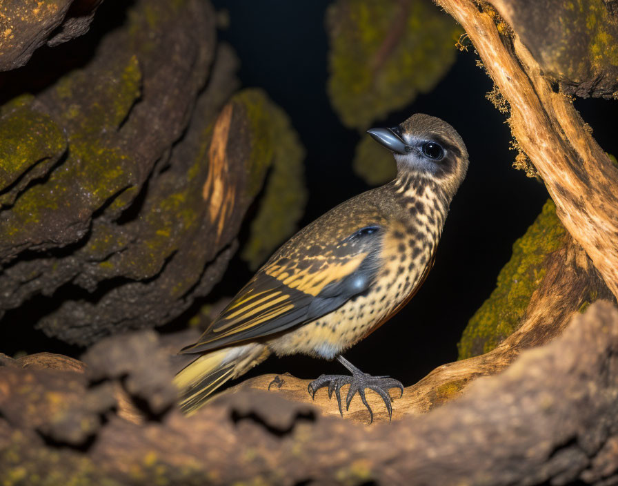 Speckled bird with dark eyes in hollow tree with rough bark and beam of light