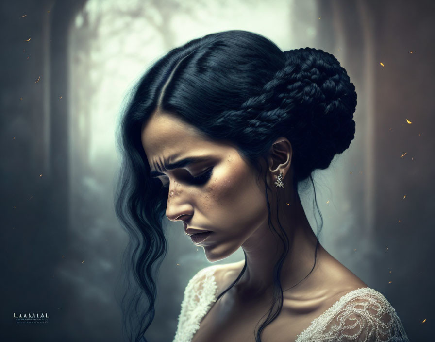 Melancholic woman in lace dress with braided updo in misty forest.