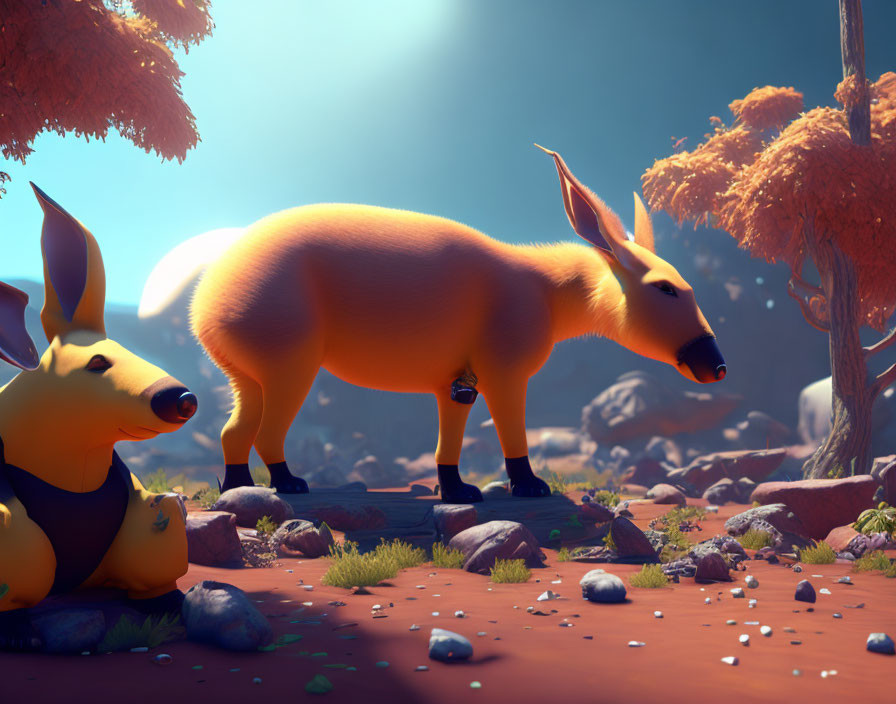 Colorful Cartoon Aardvarks in Vibrant Landscape