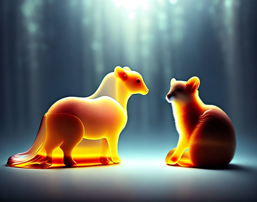 Glowing translucent bear and fox in mystical forest setting