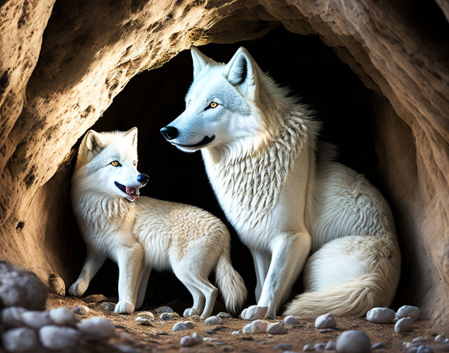 Adult and juvenile wolves resting in cave entrance light.