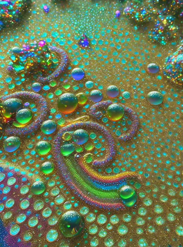 Colorful iridescent bubbles on glittery rainbow background