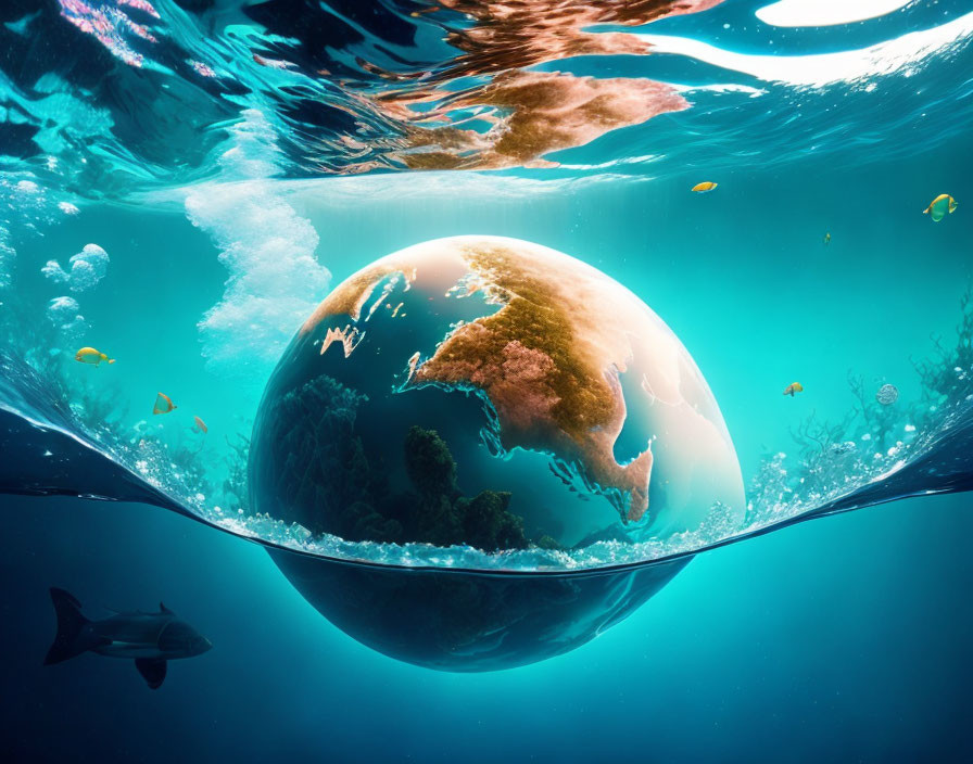 Earth sphere half-submerged in water with fish and shark swimming around