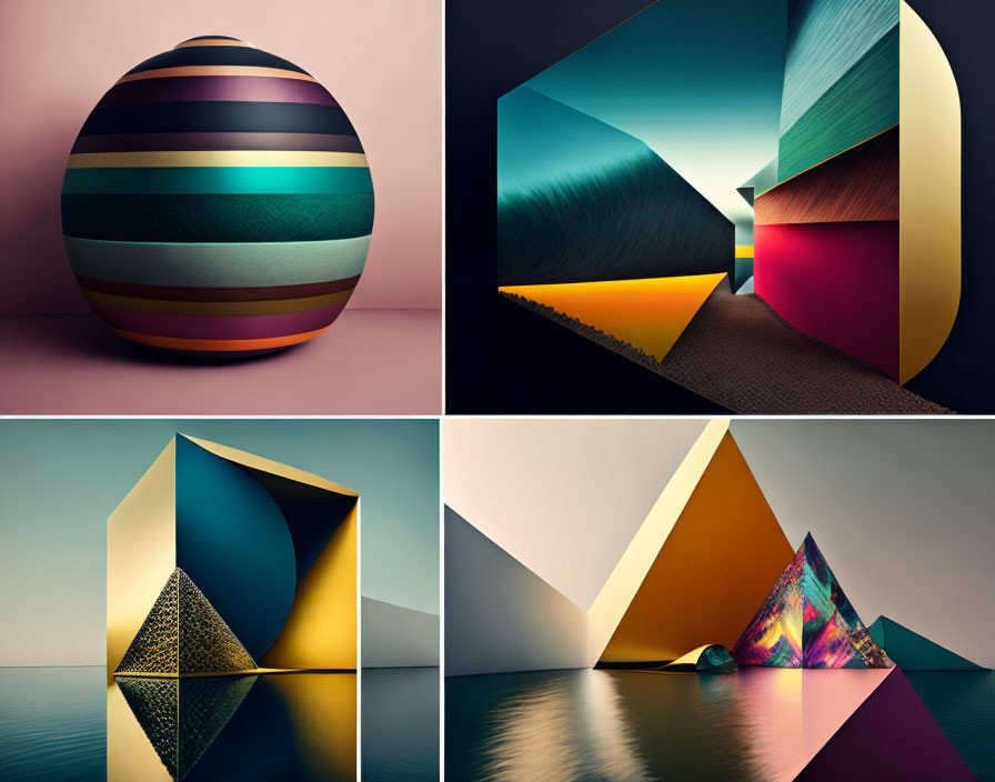 Abstract Collage of Geometric Shapes and Striped Sphere