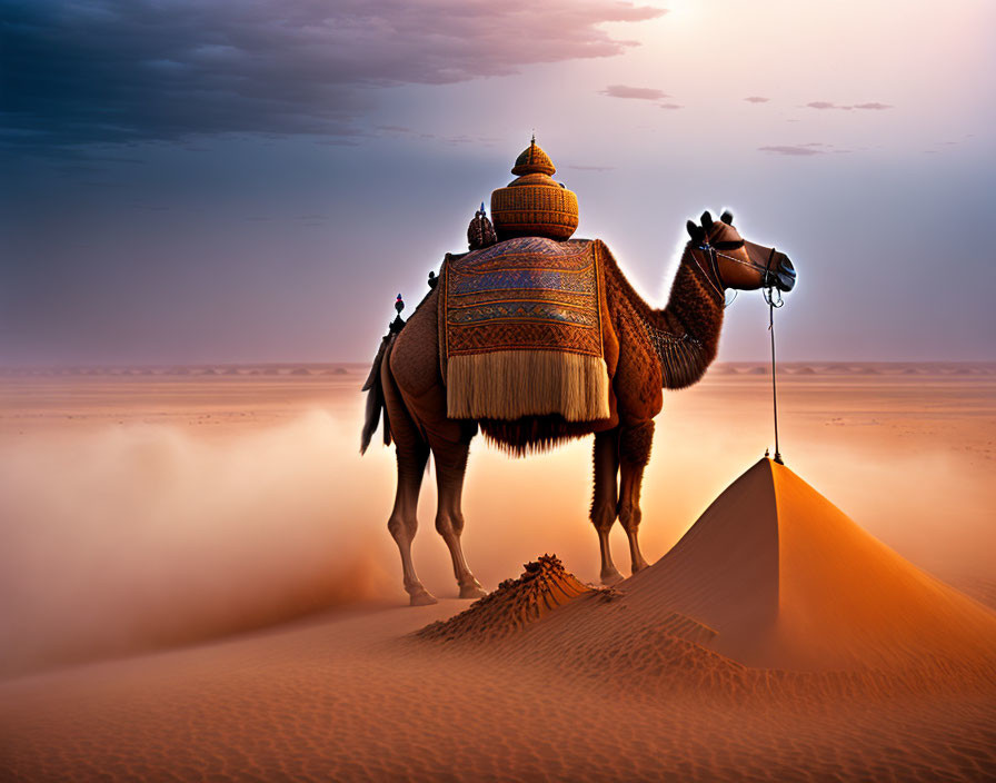 Elaborately Saddled Camel on Sand Dune under Hazy Sky