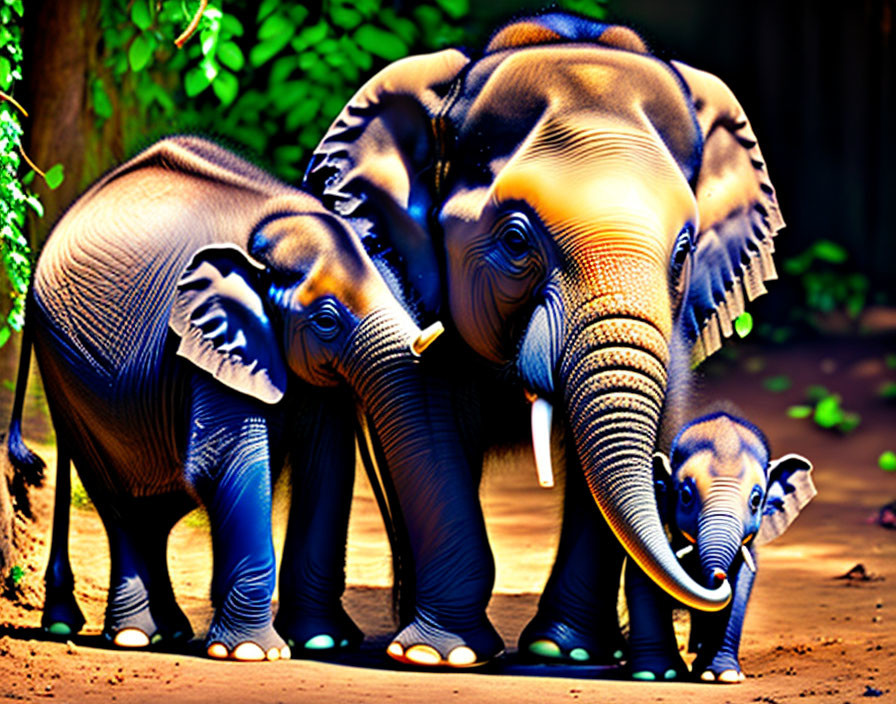 Three elephants with glowing outlines in a forest - large, small, and calf.