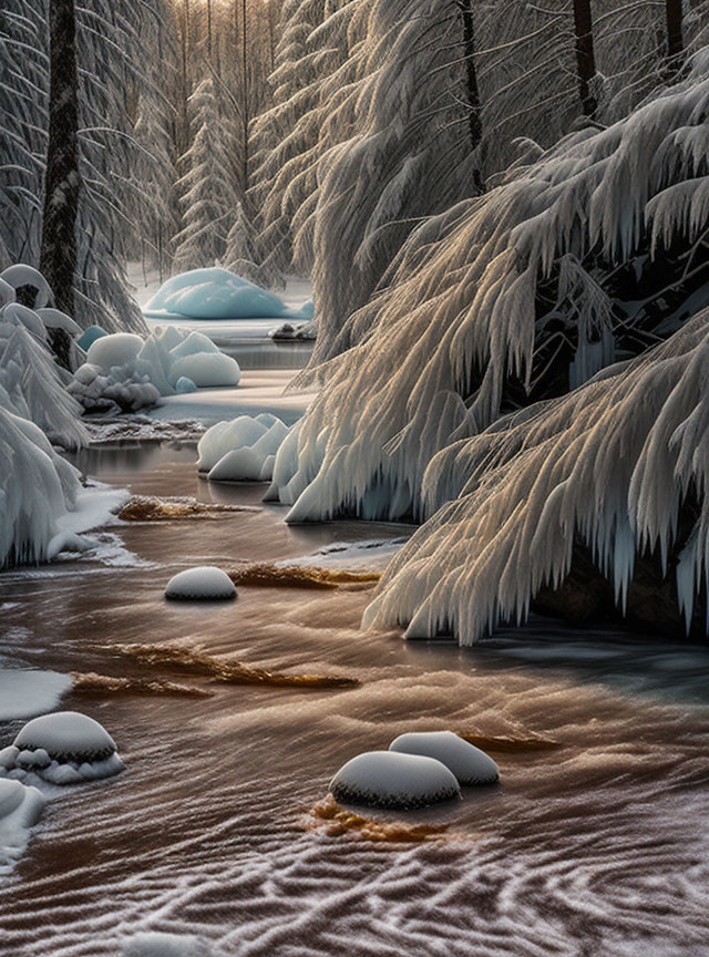 Winter landscape: snow-covered trees, frozen river, sunlight filtering through forest