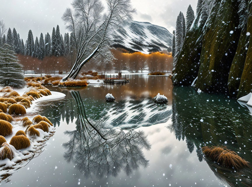 Snow-covered pond and winter landscape with reflected trees and soft snowfall