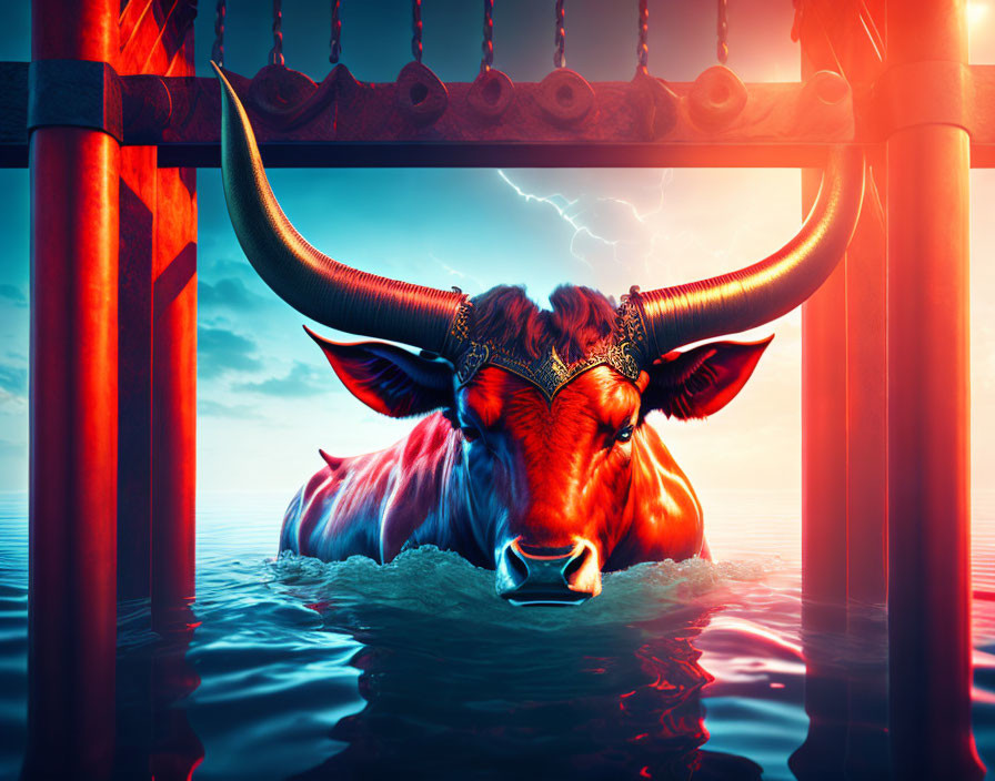 Majestic bull with metallic adorned horns in water under vivid sunset sky