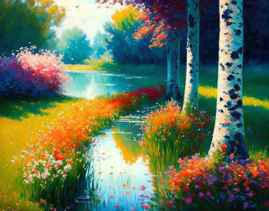 Colorful landscape painting: stream, flowers, birch trees, bright daylight