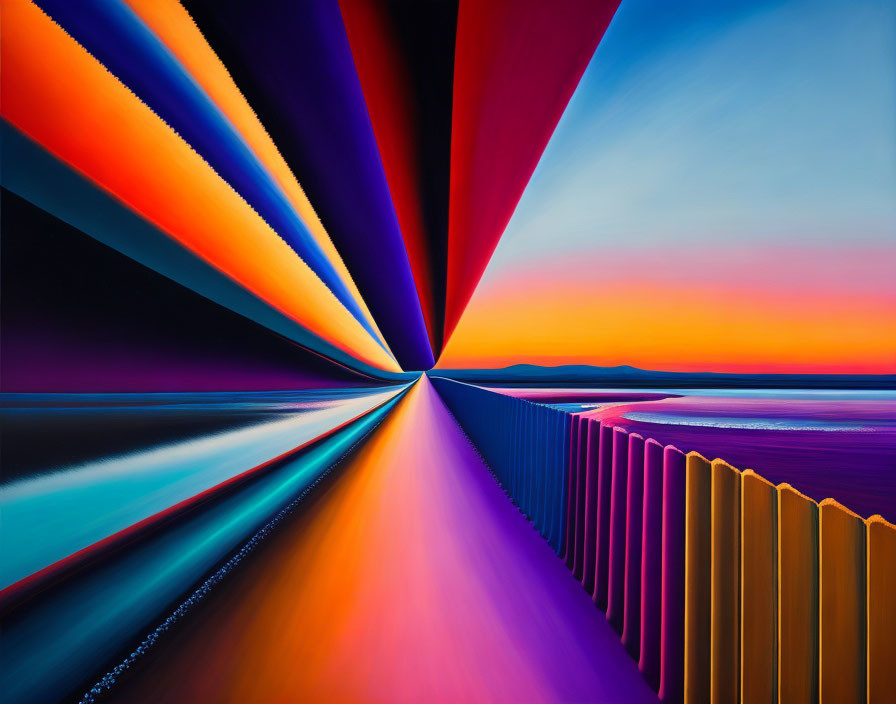 Colorful, surreal landscape with converging beams and twilight sky over reflective water