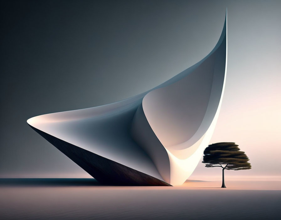 Minimalistic Abstract Art: Smooth Sail-like Structure with Lone Tree