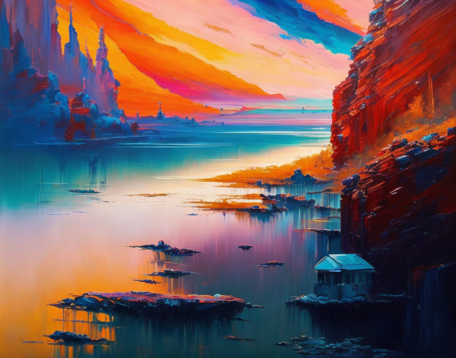 Serene lake painting with dramatic sunset sky