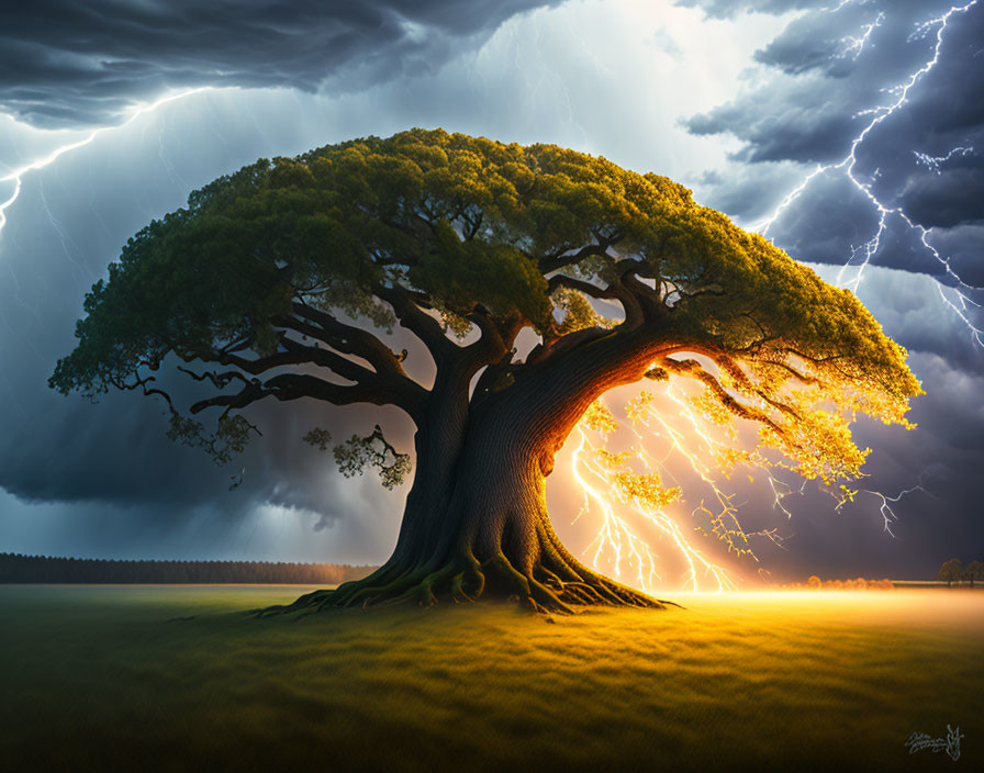 Majestic tree in field during lightning storm