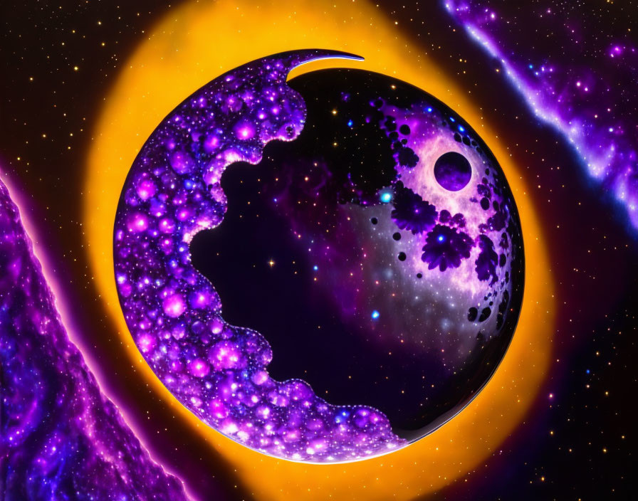 Crescent moon digital art with purple and black patterns on cosmic background