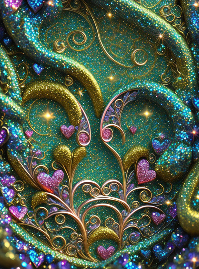 Colorful fractal art with heart shapes and swirling patterns in blue and gold.